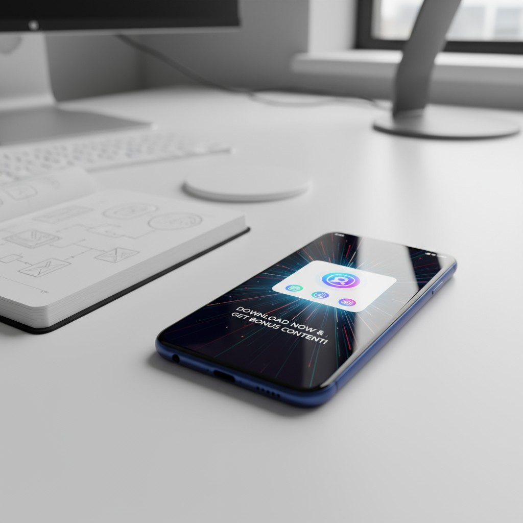 A smartphone, partially seen, is situated on a white desk with various office tools nearby.