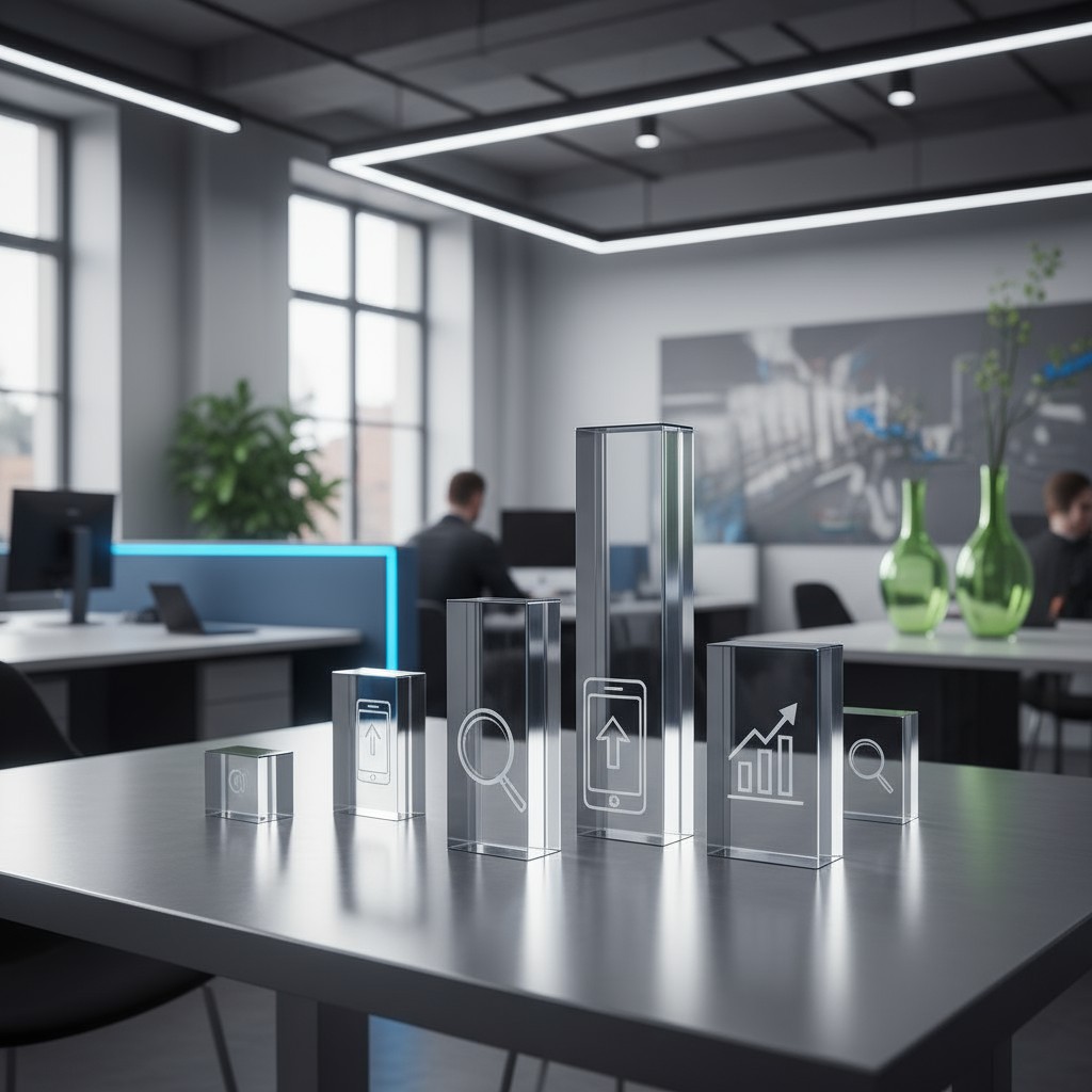 The image depicts a modern office setting with a futuristic interface. The grayscale image shows a metallic or glass cube ...