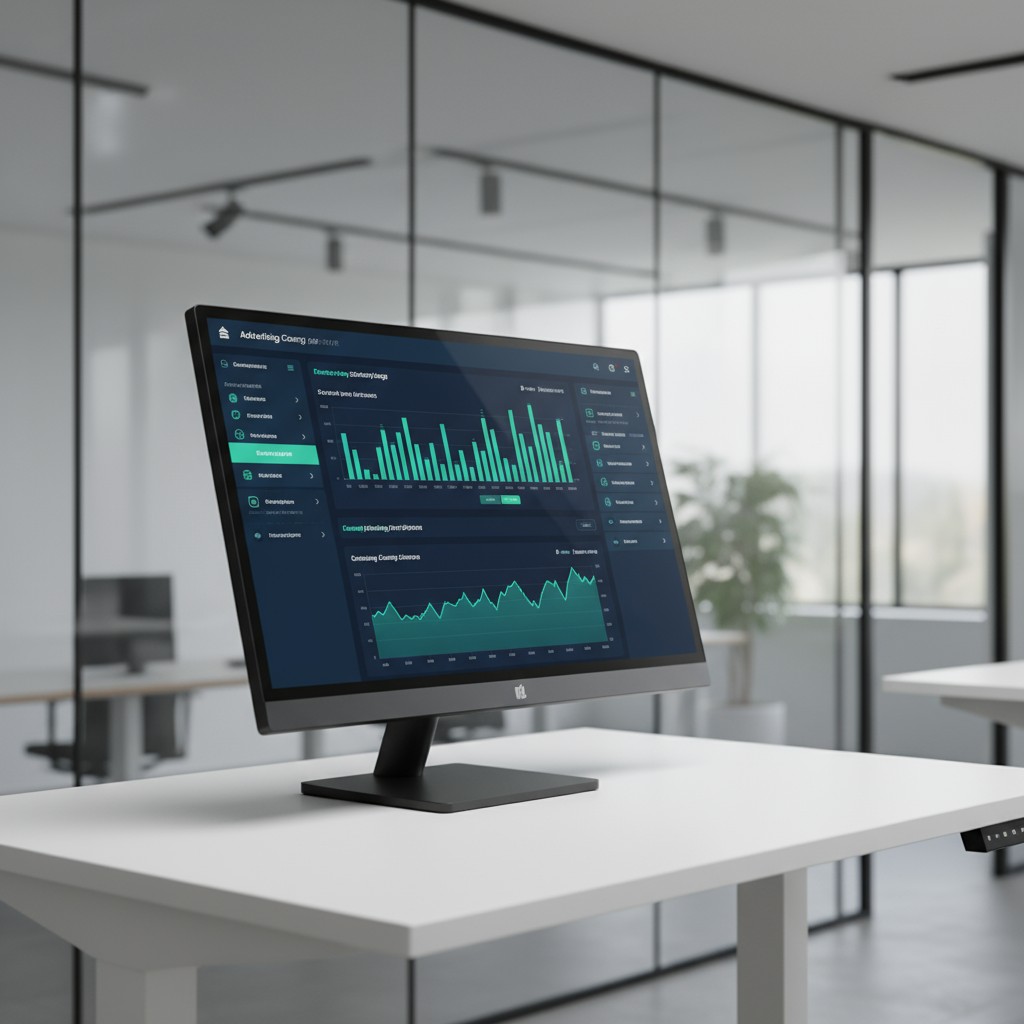 an office environment with a computer monitor on a desk in front of floor-to-ceiling windows.
